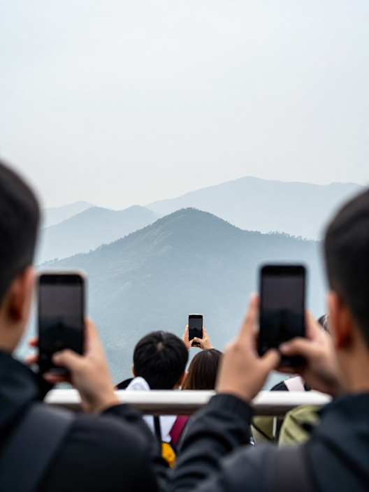 Tourists filming a misty mountain view