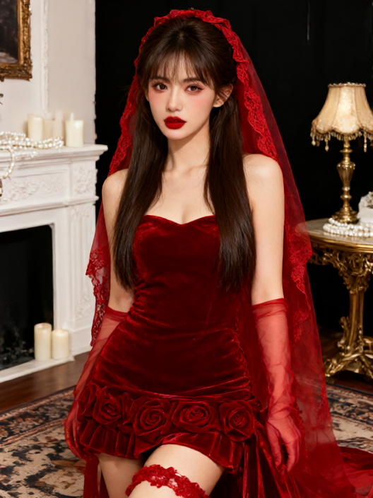 Red velvet dress and lace veil portrait