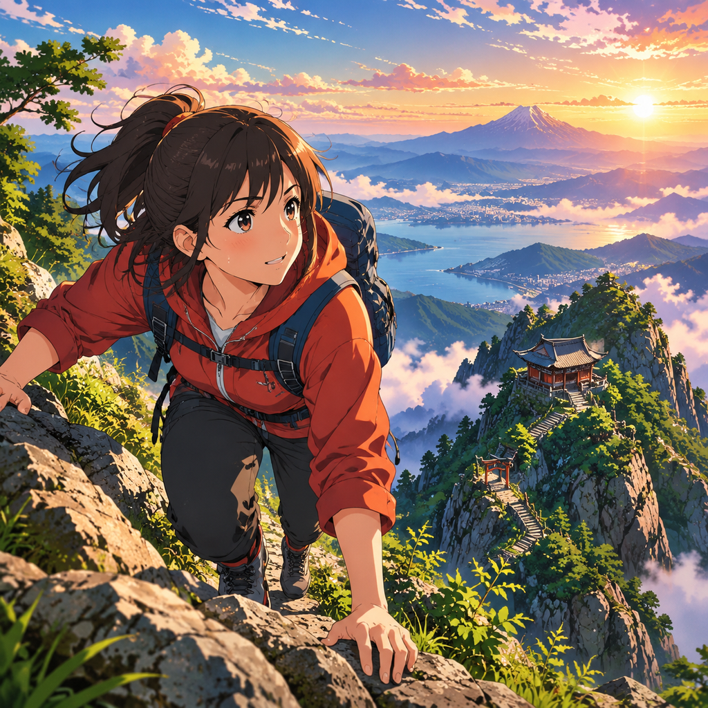 Cel-shaded mountain climb above a lakeside town