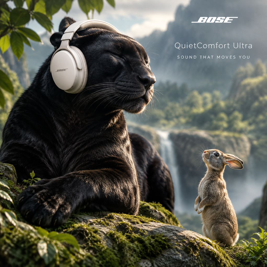 Panther in headphones and a curious rabbit