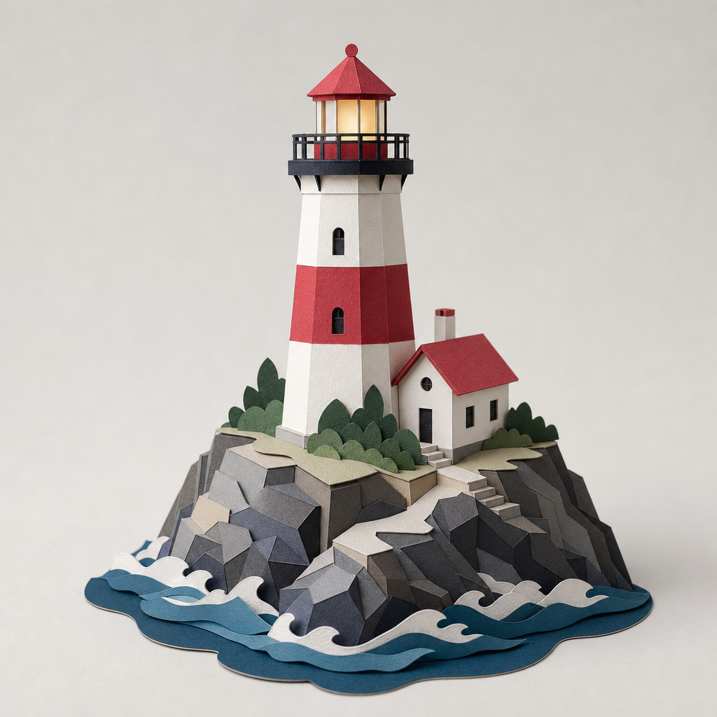 Paper-craft lighthouse on a rocky island