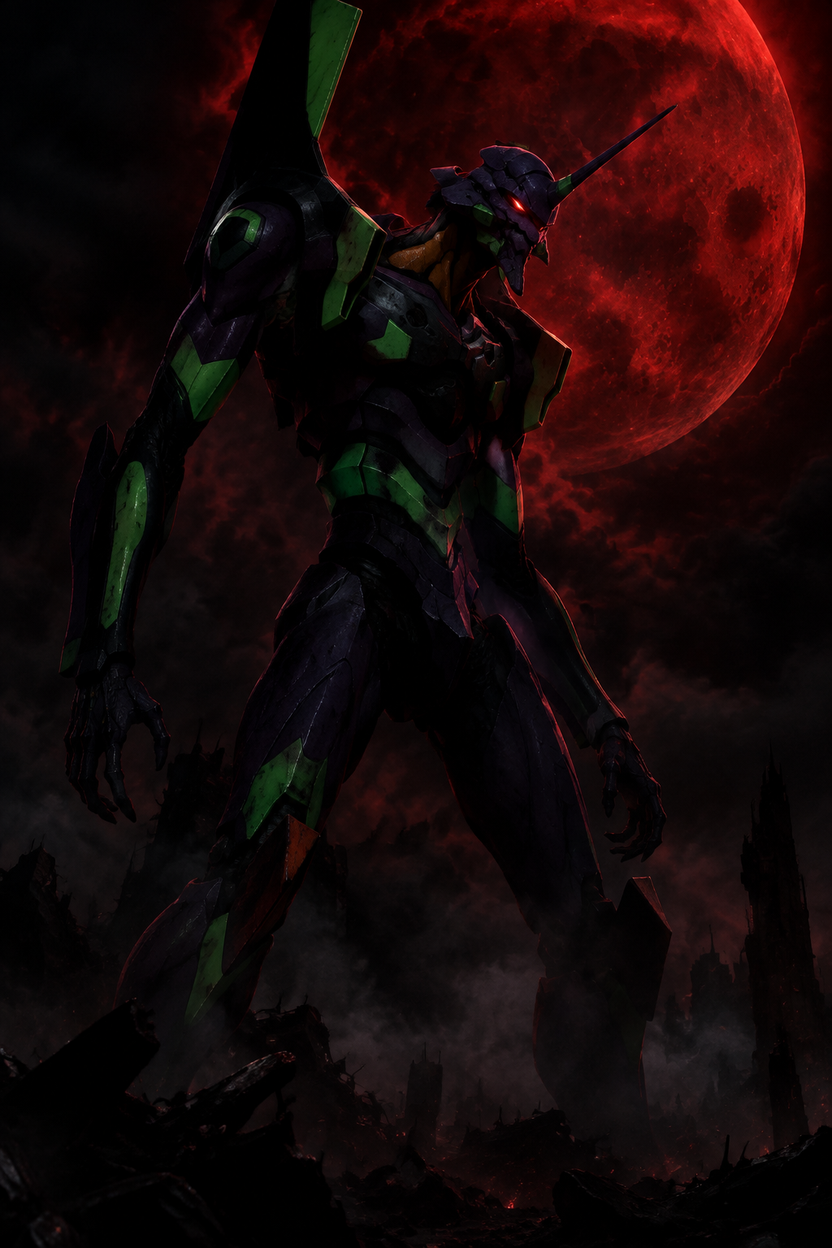 Berserk mecha under a blood moon