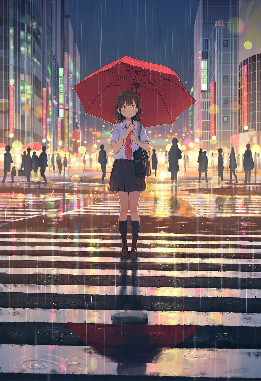 Red Umbrella at a Rainy Crosswalk