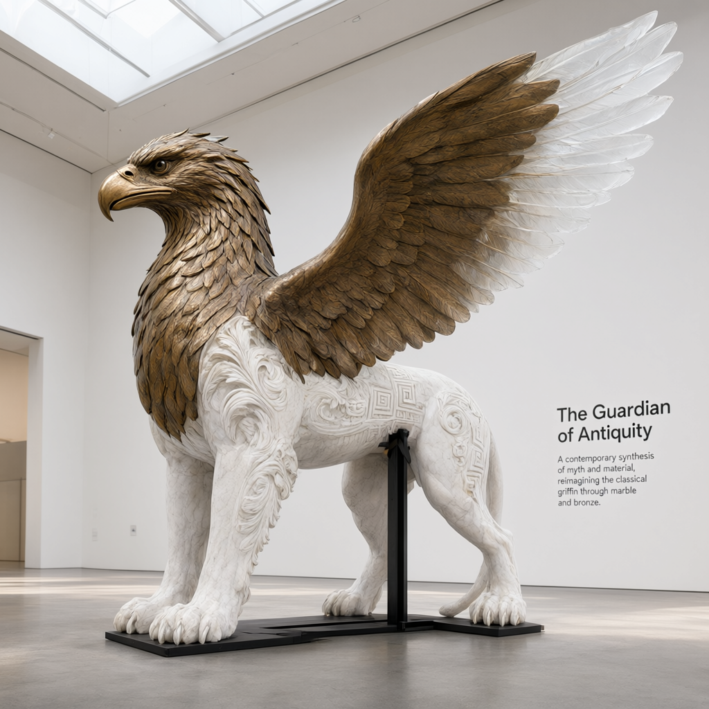 Marble and bronze griffin in a gallery