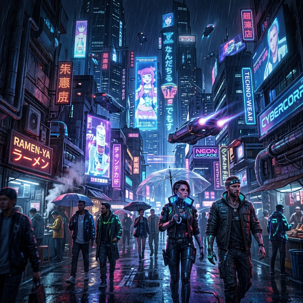 Rainy neon street in a cyberpunk city