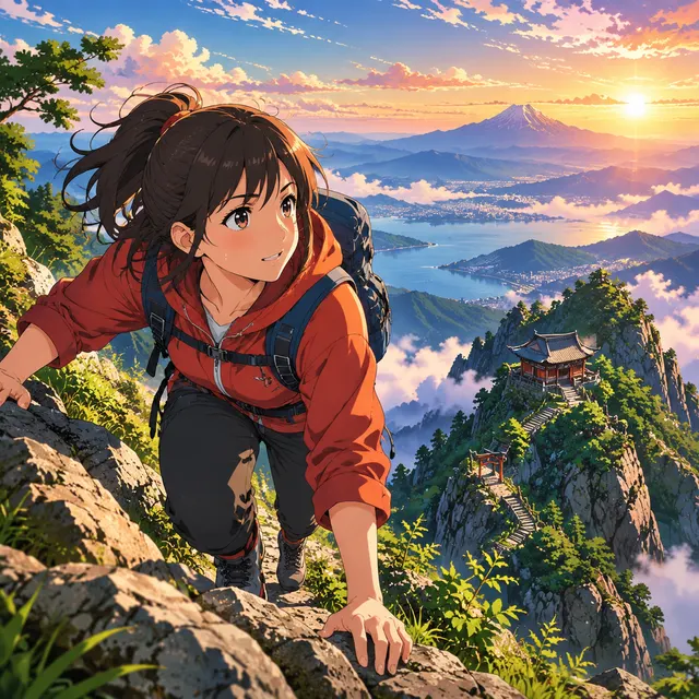 Cel-shaded mountain climb above a lakeside town