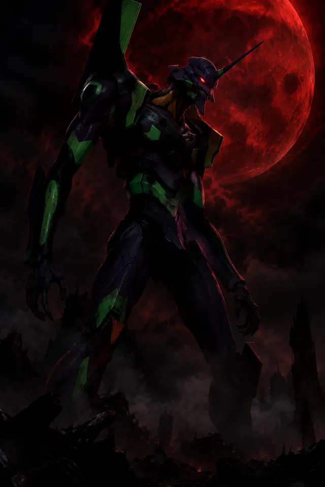 Berserk mecha under a blood moon