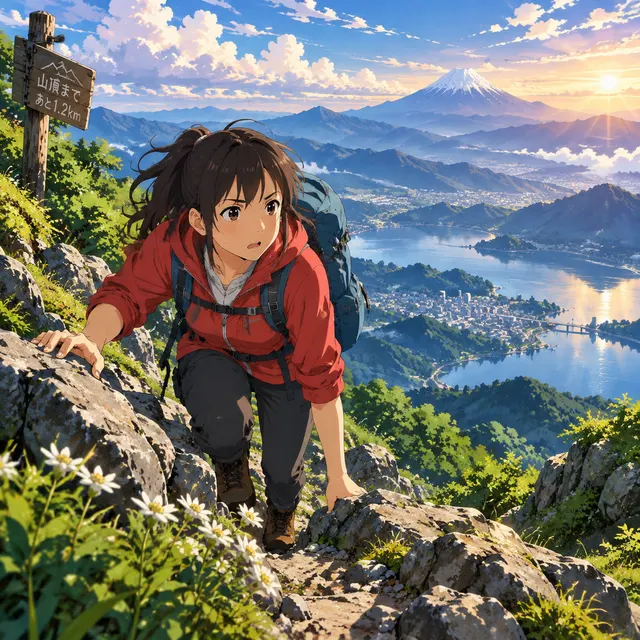 Anime hiker scrambling up a ridge at sunrise